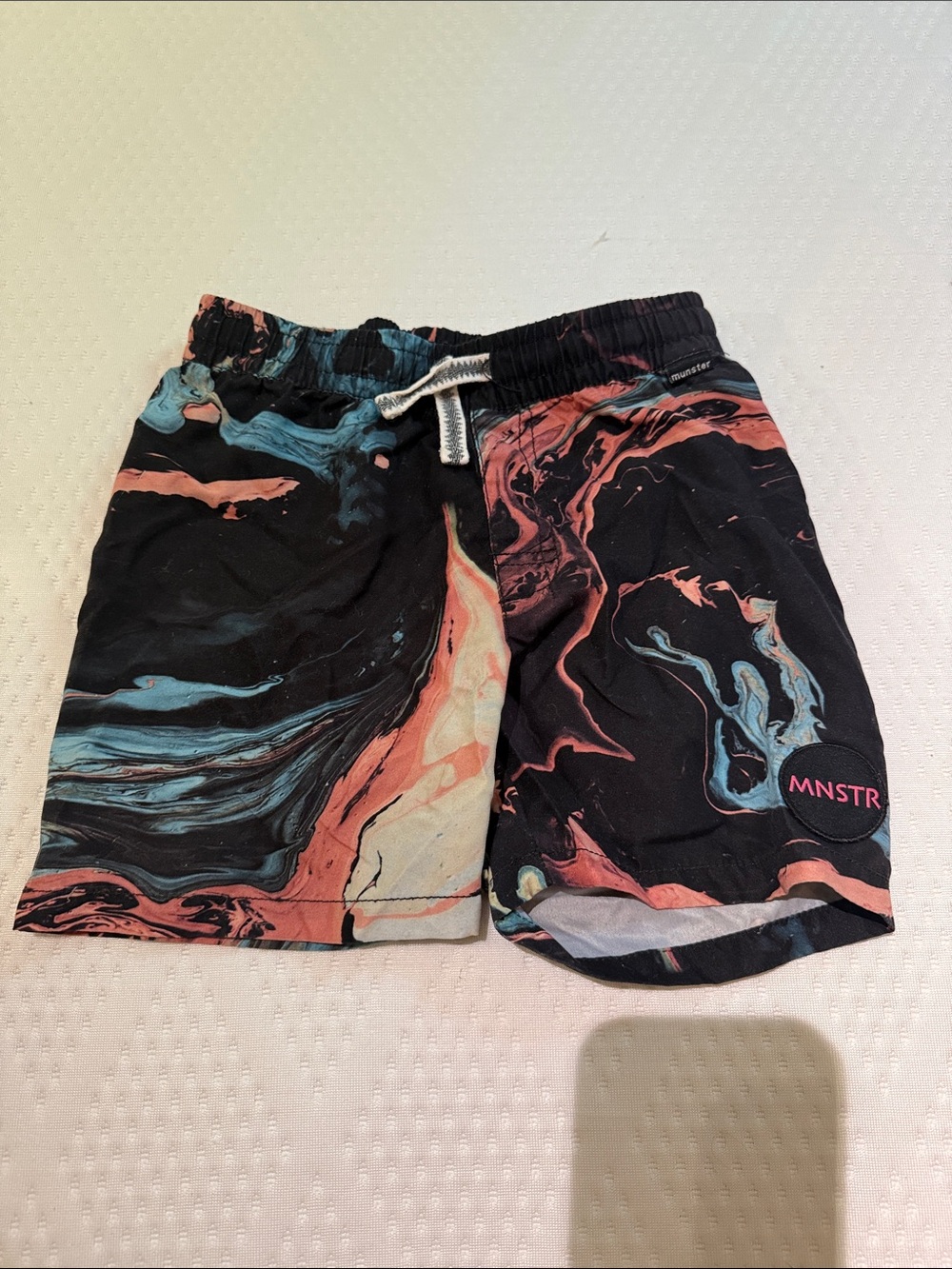 Munster Men's Black Swim Shorts with Coral & Teal Marble Print